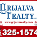 Red and blue image of Grijalva Realty logo, phone number of 520-325-1574 and website address grijalvarealty.com