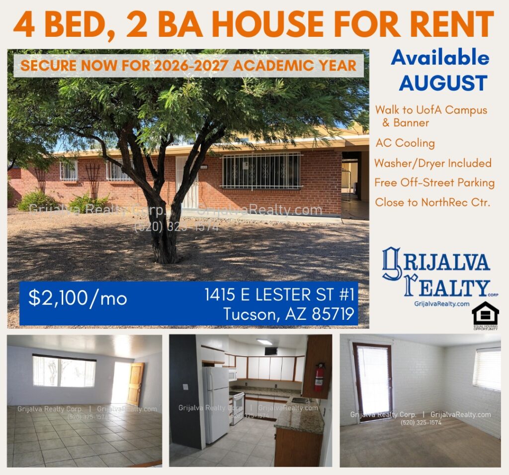 Collage photo of house for rent near University of Arizona - 1415 E Lester St #1 - 4 bed, 2 bath.