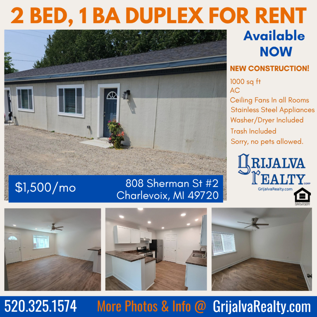 Collage of photos of 2 bedroom duplex rental at 808 Sherman St #2 in Charlevoix, MI.